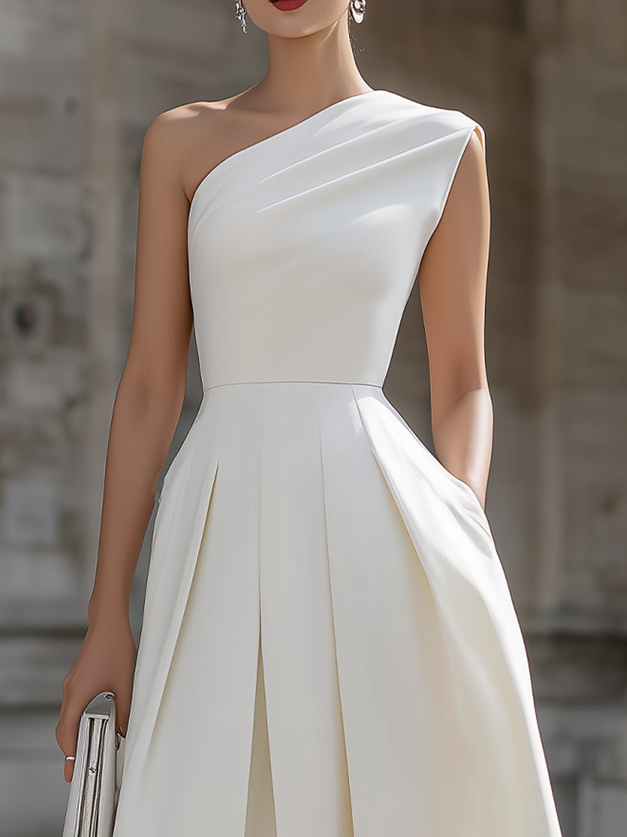 Morgan & Brooke | White One-Shoulder Pleated Midi Dress
