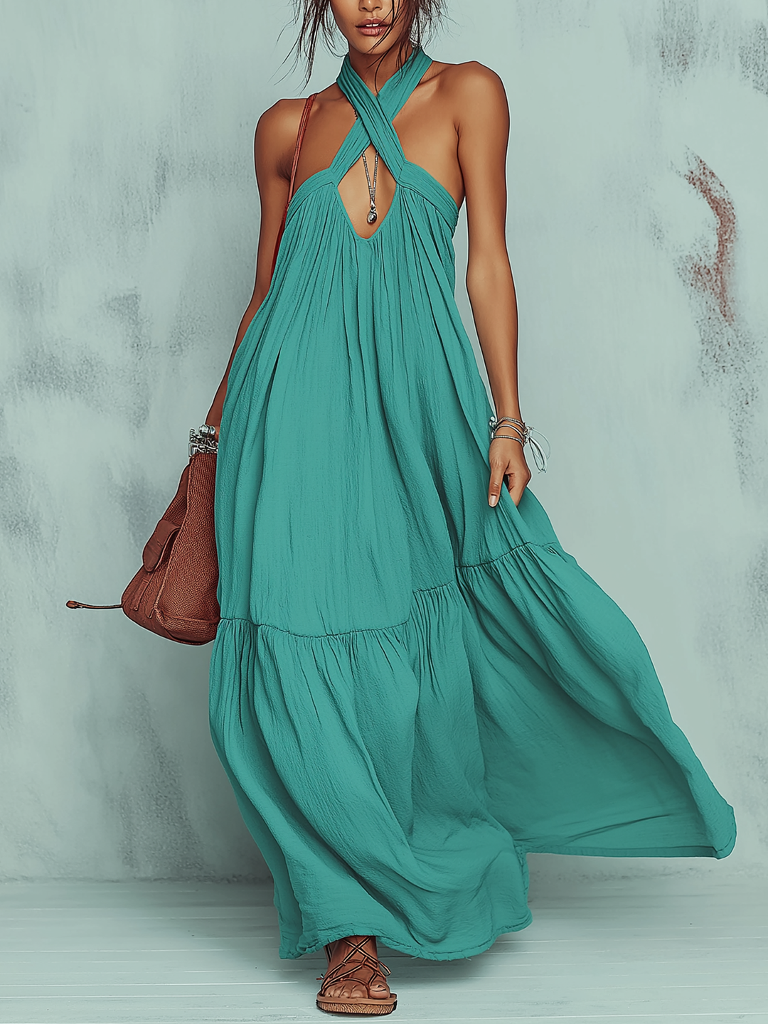 Morgan & Brooke | Teal Crisscross Halter Neck Flowy Maxi Dress
