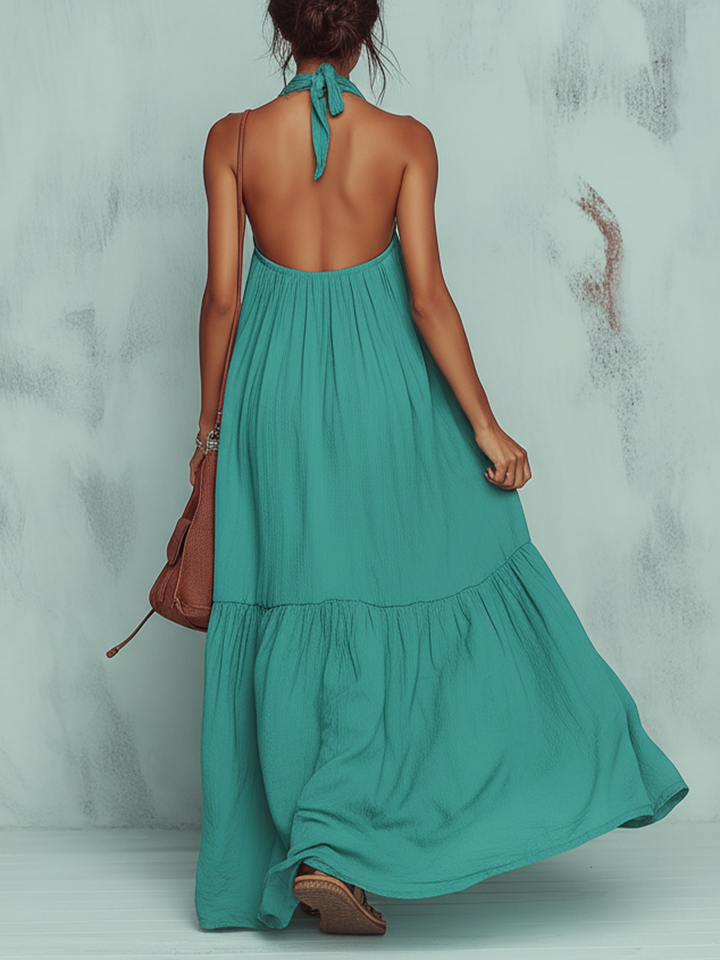 Morgan & Brooke | Teal Crisscross Halter Neck Flowy Maxi Dress