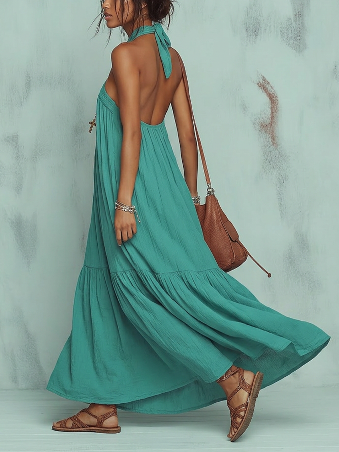 Morgan & Brooke | Teal Crisscross Halter Neck Flowy Maxi Dress