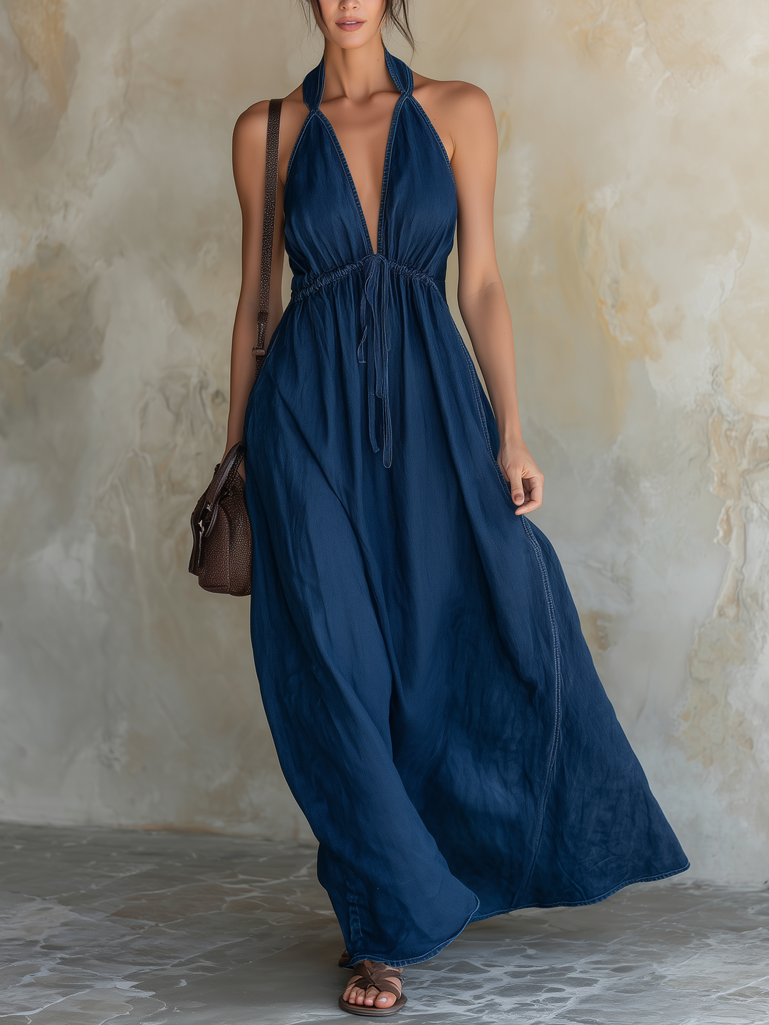 Morgan & Brooke | Dark Blue Halter-Neck Backless Lyocell Denim Maxi Dress