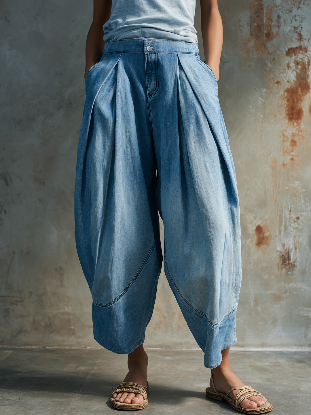 Morgan & Brooke | Light Blue Cropped Barrel-Leg Washed Denim Jeans