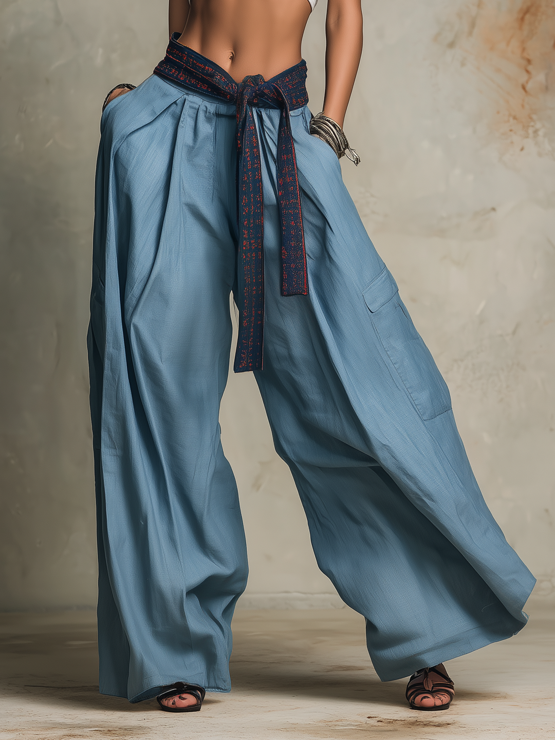 Morgan & Brooke | Dusty Blue Patchwork Wide-Leg Cargo Pants