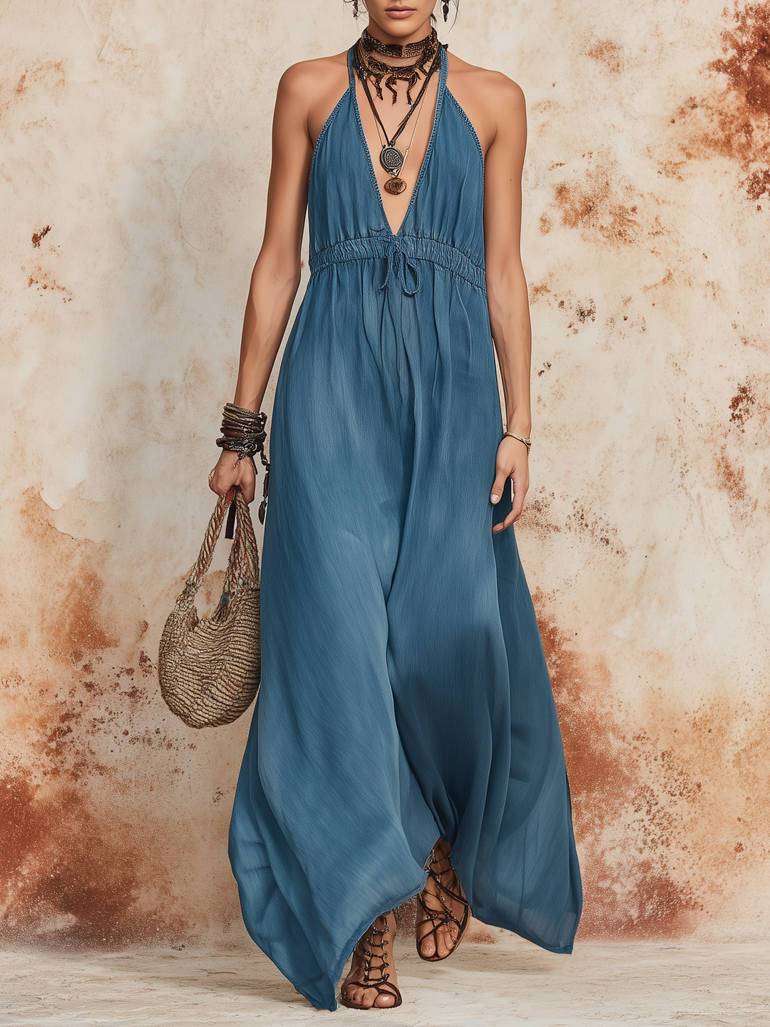 Morgan & Brooke | Dusty Blue Halter Neck Tie-Waist Maxi Dress