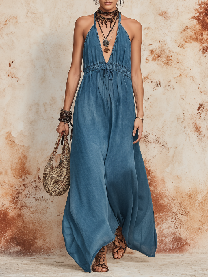 Morgan & Brooke | Dusty Blue Halter Neck Tie-Waist Maxi Dress