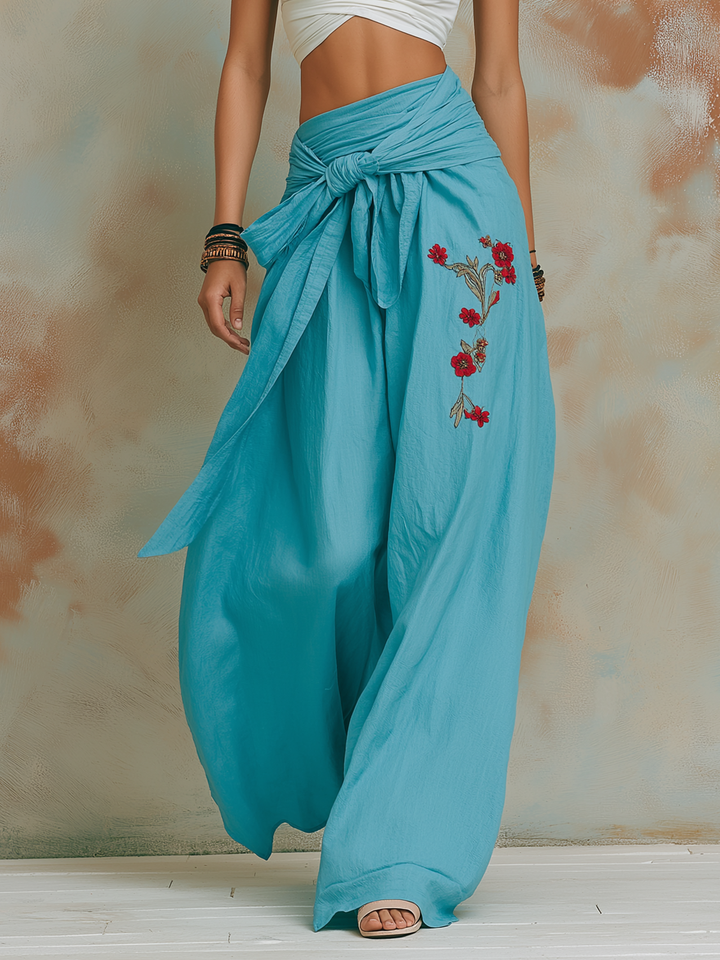 Morgan & Brooke | Turquoise Embroidered Wide-Leg Pants