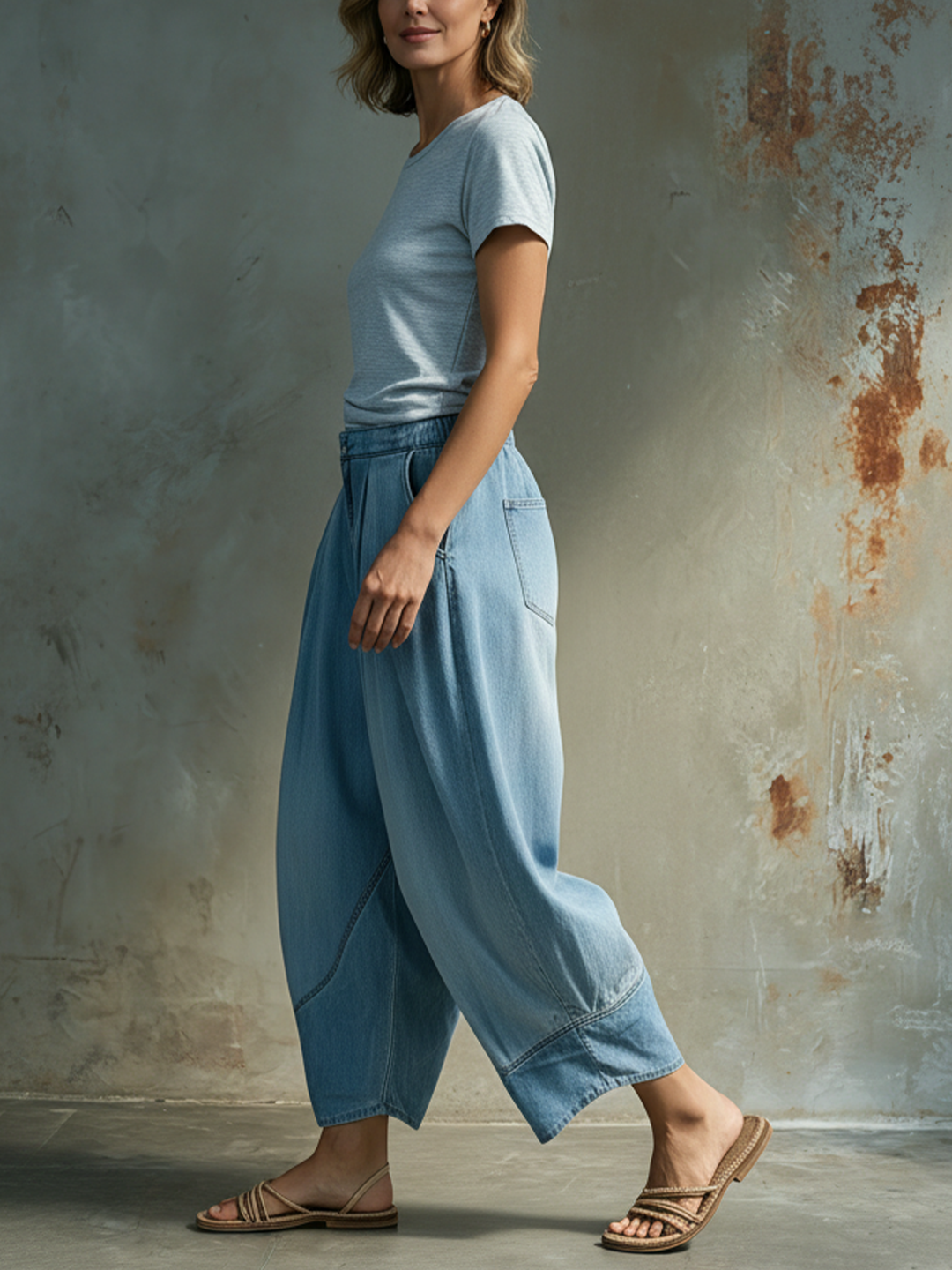 Morgan & Brooke | Light Blue Cropped Barrel-Leg Washed Denim Jeans