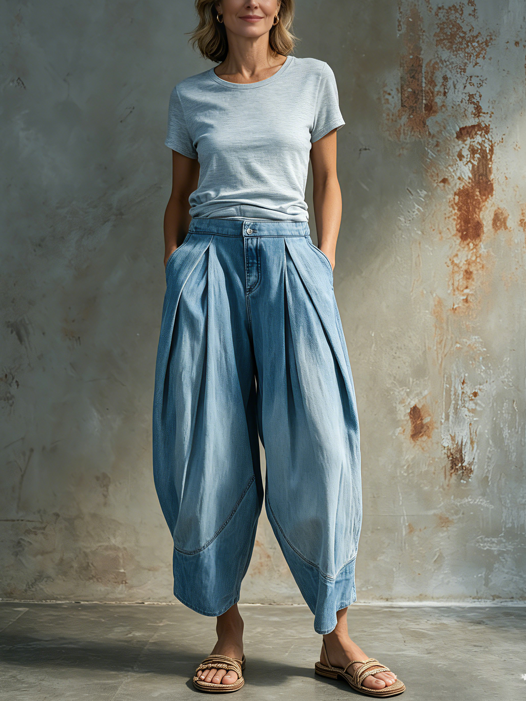 Morgan & Brooke | Light Blue Cropped Barrel-Leg Washed Denim Jeans