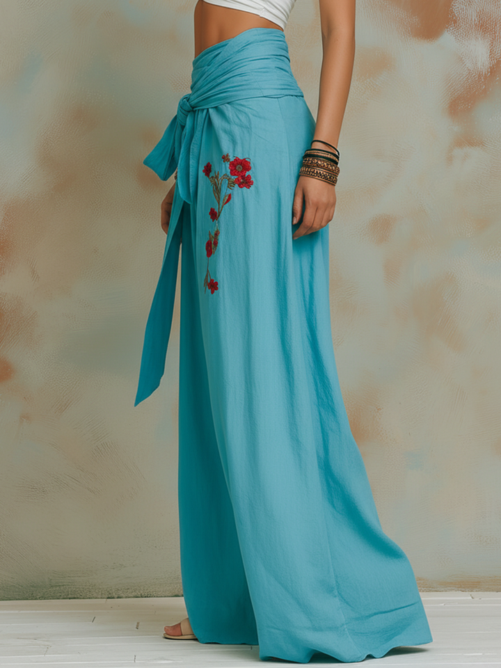 Morgan & Brooke | Turquoise Embroidered Wide-Leg Pants