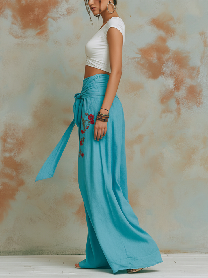 Morgan & Brooke | Turquoise Embroidered Wide-Leg Pants