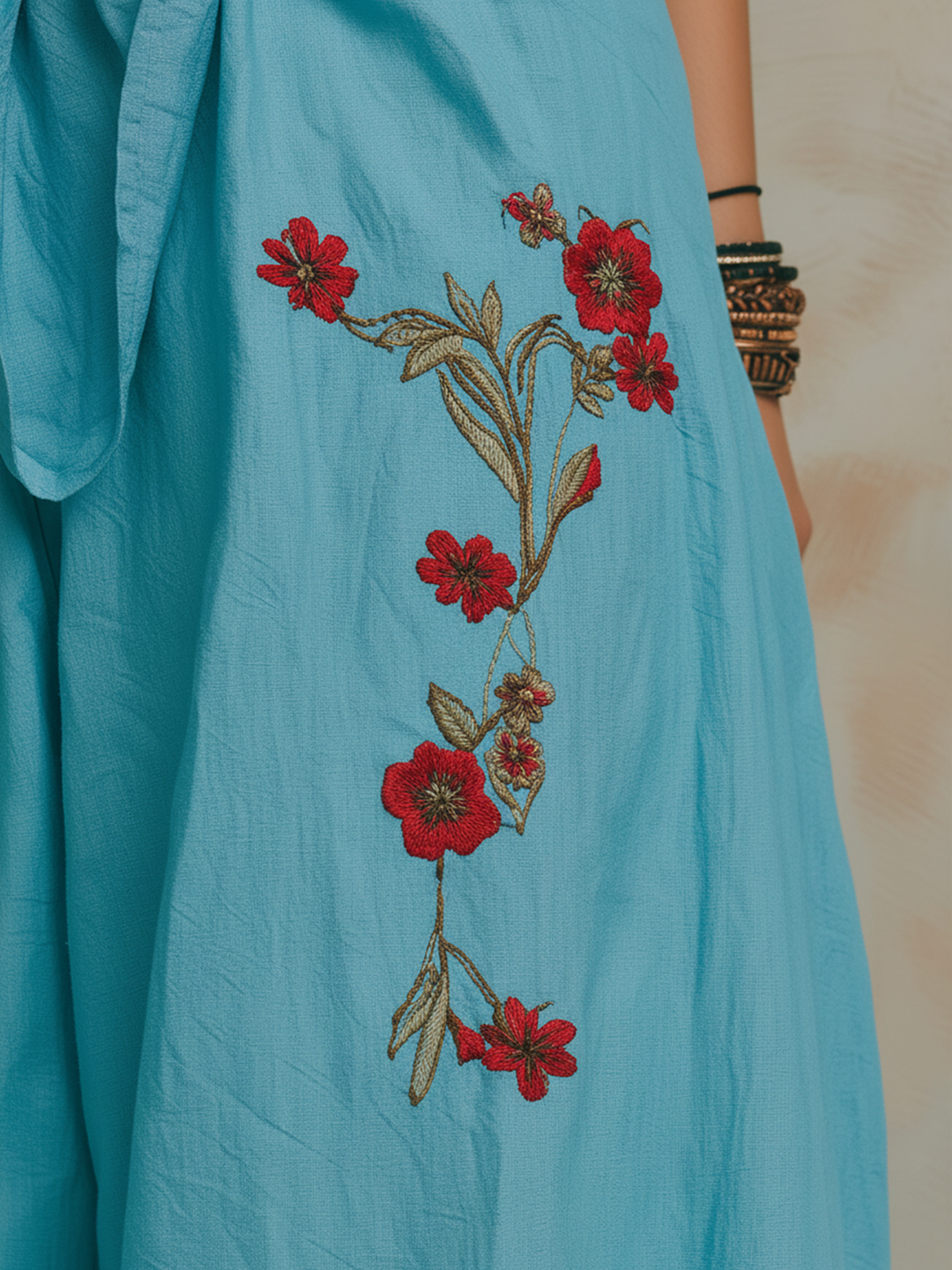 Morgan & Brooke | Turquoise Embroidered Wide-Leg Pants