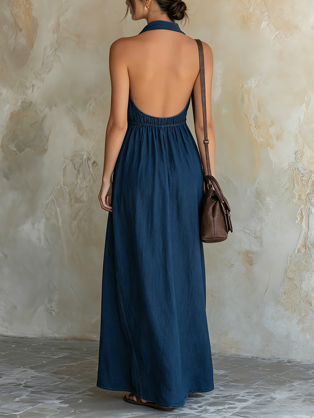 Morgan & Brooke | Dark Blue Halter-Neck Backless Lyocell Denim Maxi Dress