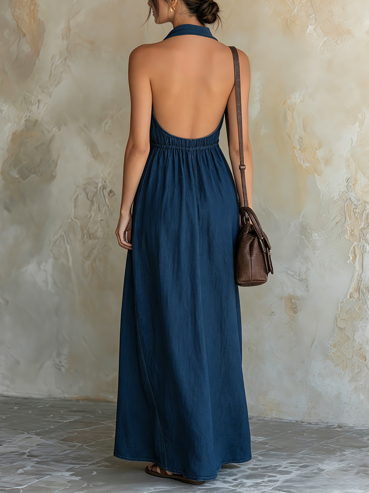 Morgan & Brooke | Dark Blue Halter-Neck Backless Lyocell Denim Maxi Dress