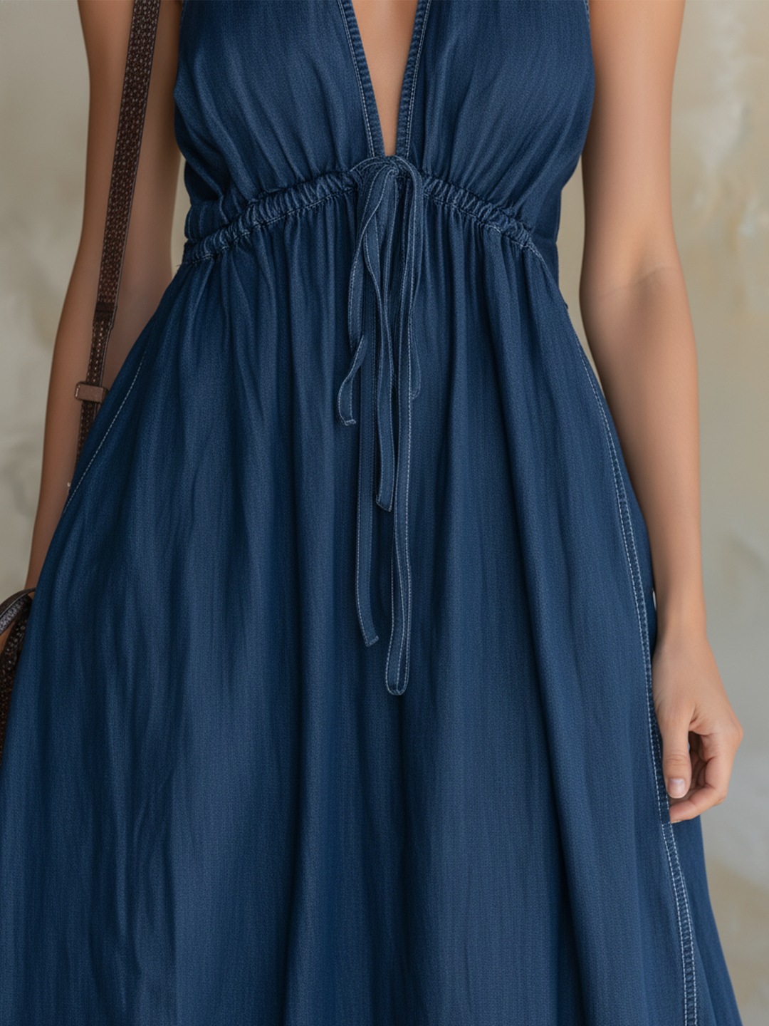Morgan & Brooke | Dark Blue Halter-Neck Backless Lyocell Denim Maxi Dress