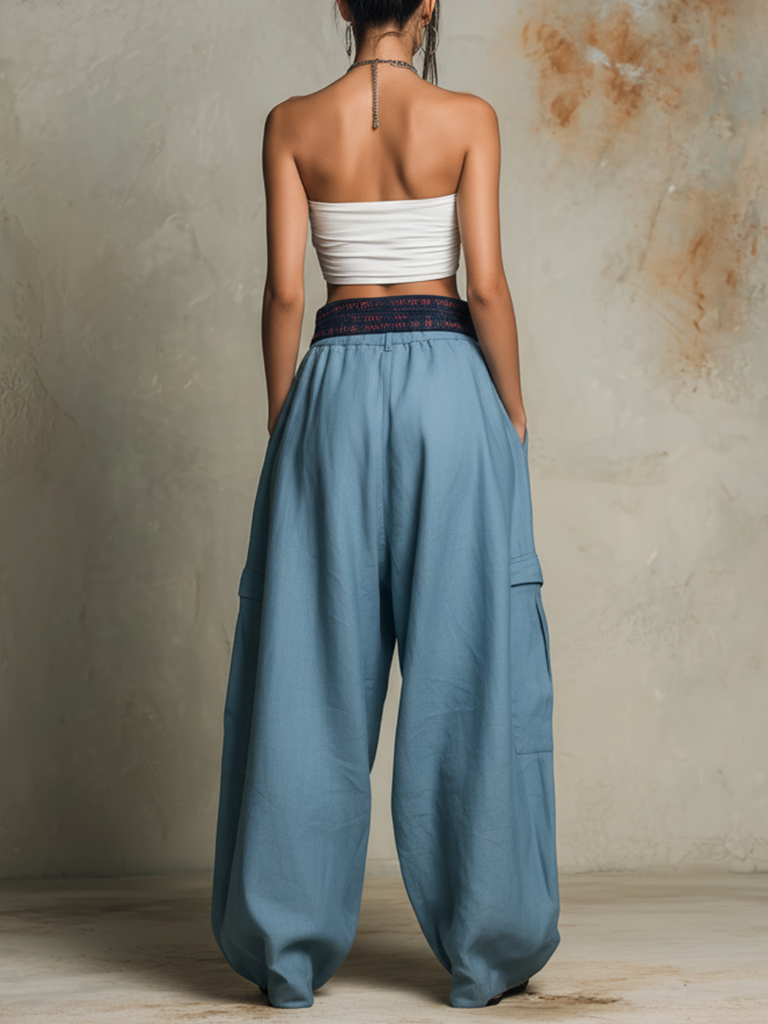 Morgan & Brooke | Dusty Blue Patchwork Wide-Leg Cargo Pants