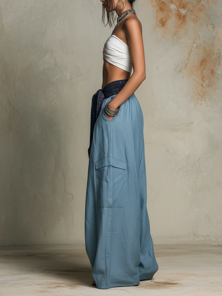 Morgan & Brooke | Dusty Blue Patchwork Wide-Leg Cargo Pants