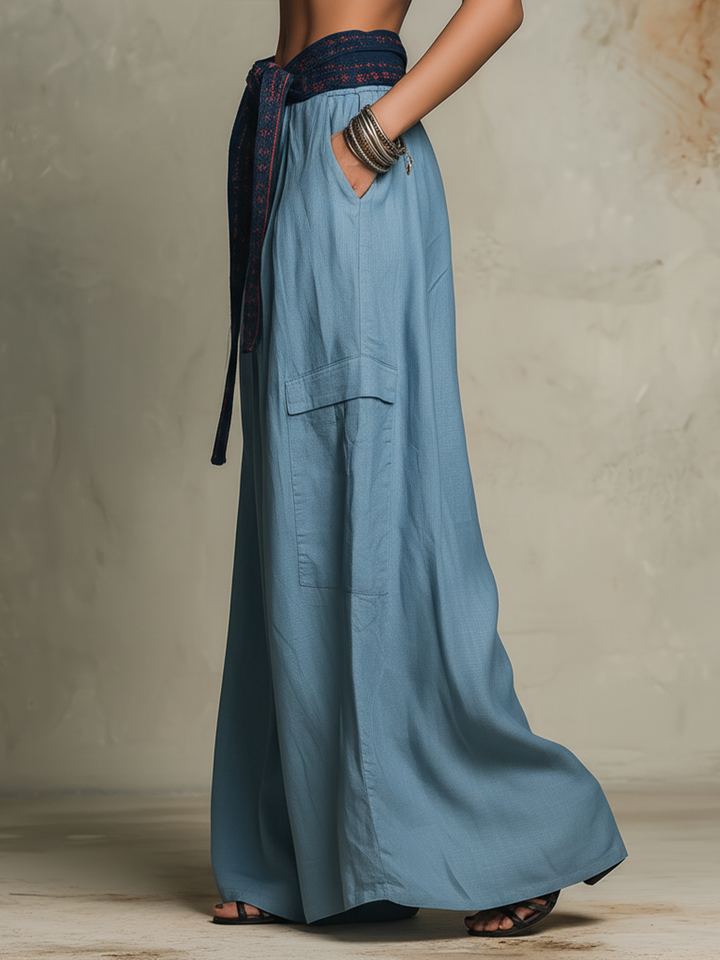 Morgan & Brooke | Dusty Blue Patchwork Wide-Leg Cargo Pants