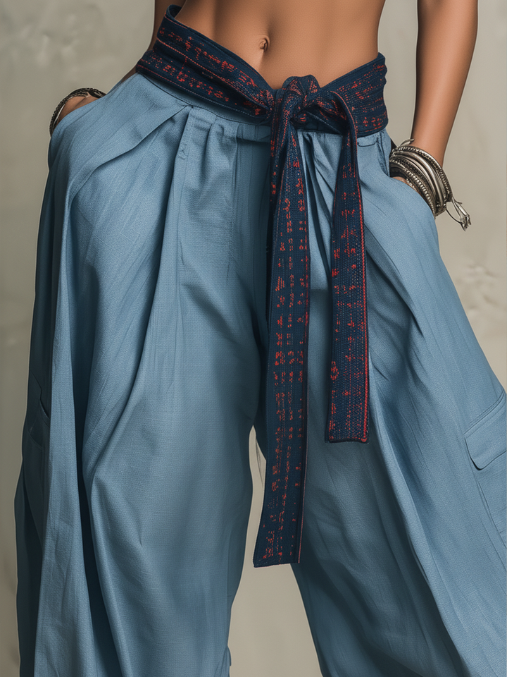 Morgan & Brooke | Dusty Blue Patchwork Wide-Leg Cargo Pants