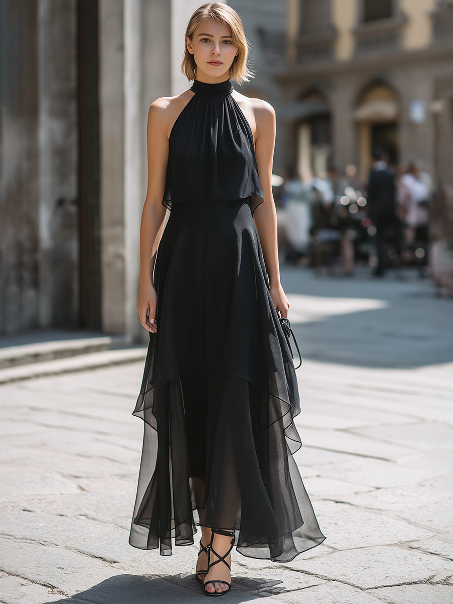 Morgan & Brooke | Halter-Neck Layered Chiffon Maxi Dress