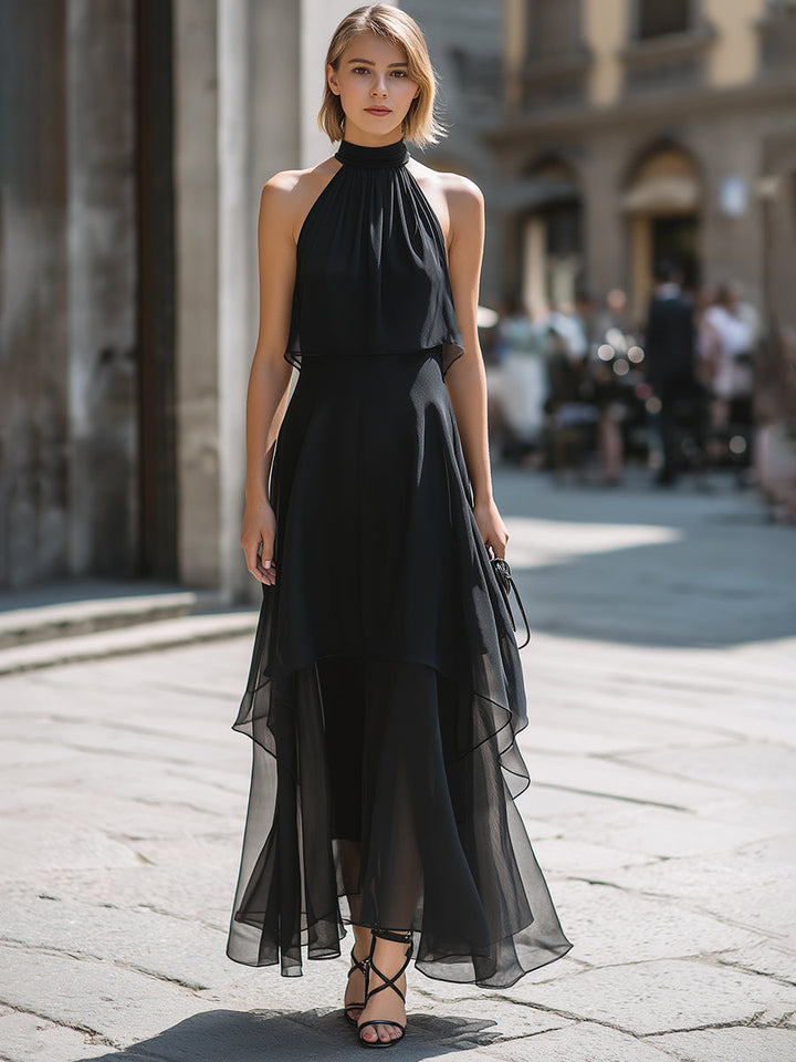 Morgan & Brooke | Halter-Neck Layered Chiffon Maxi Dress
