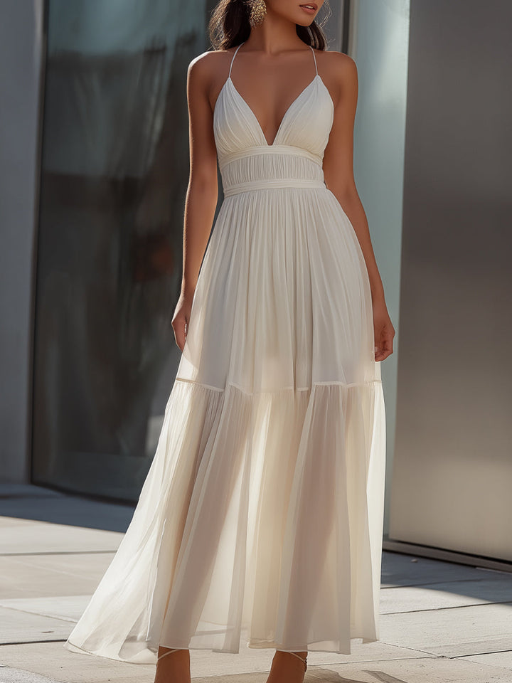 Morgan & Brooke | Ivory Spaghetti-Strap Pleated Chiffon Maxi Dress
