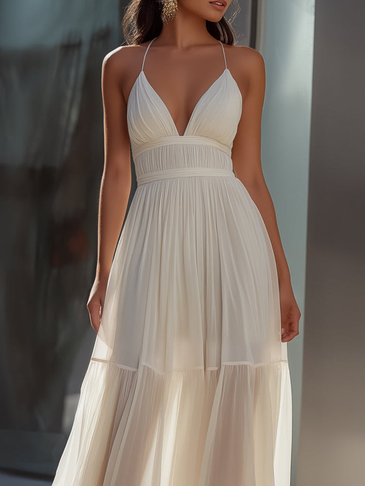 Morgan & Brooke | Ivory Spaghetti-Strap Pleated Chiffon Maxi Dress