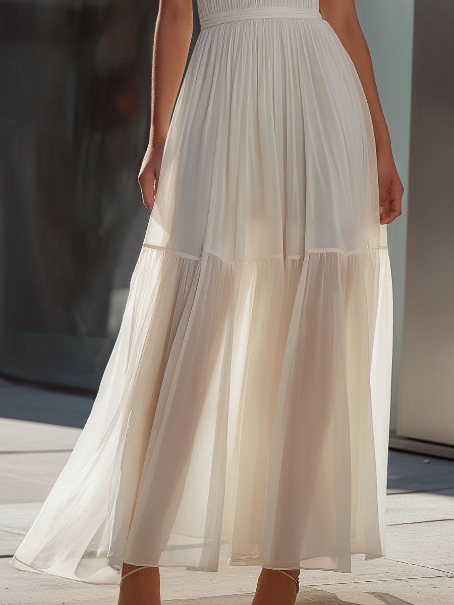Morgan & Brooke | Ivory Spaghetti-Strap Pleated Chiffon Maxi Dress