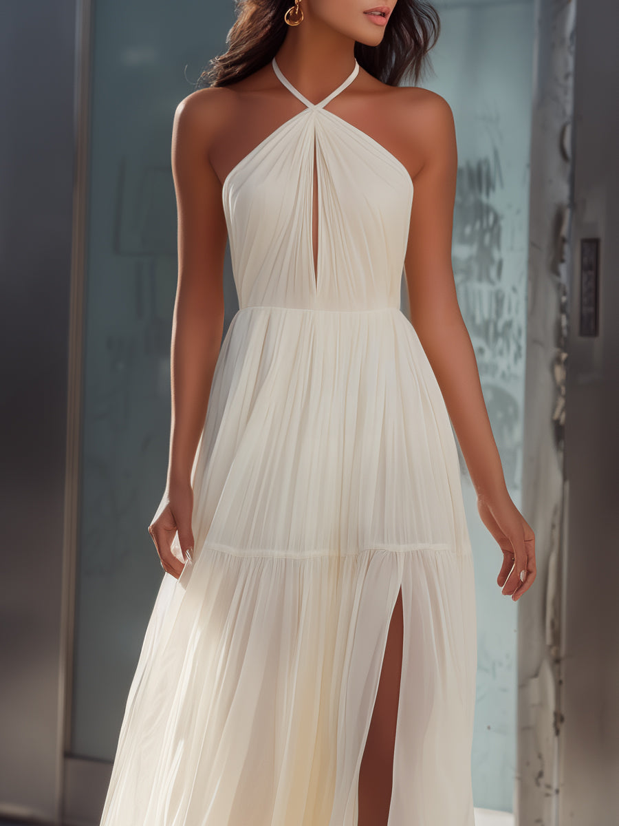 Morgan & Brooke | Ivory Halter Neck Pleated Chiffon Maxi Dress