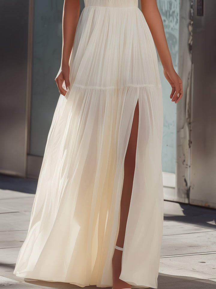Morgan & Brooke | Ivory Halter Neck Pleated Chiffon Maxi Dress