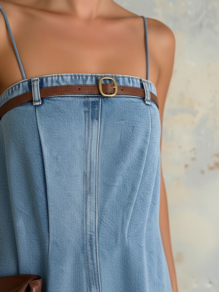 Morgan & Brooke | Light Blue Spaghetti-Strap Belted Tencel Denim Dress