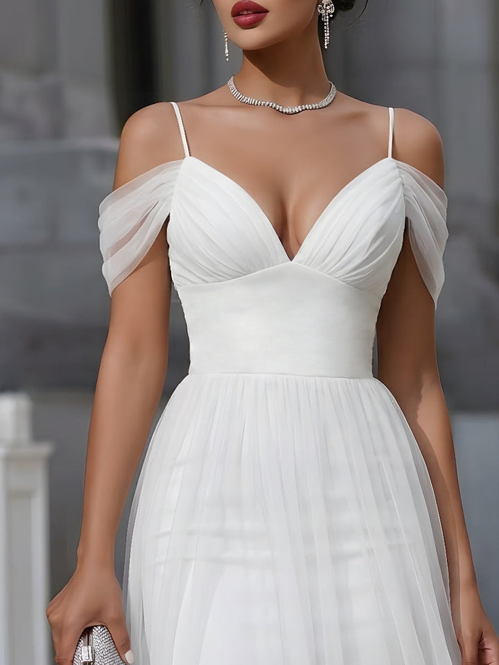 Morgan & Brooke | Off-Shoulder Pleated Sheer Maxi Dress