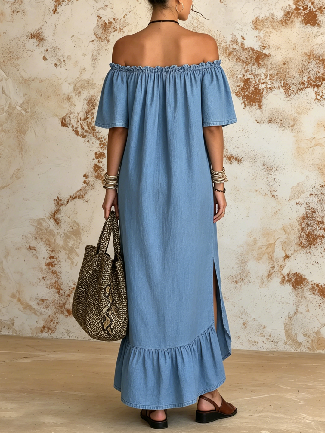 Morgan & Brooke | Light Blue Off-the-Shoulder Ruffle-Hem Chambray Maxi Dress
