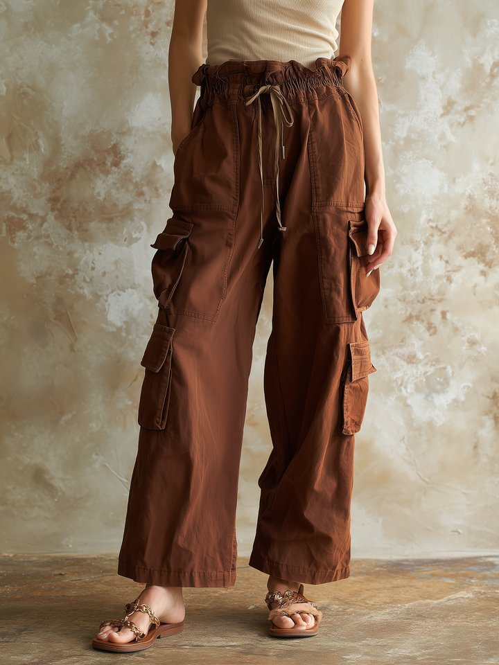 Morgan & Brooke | Brown High-Waist Wide-Leg Cotton Twill Pants