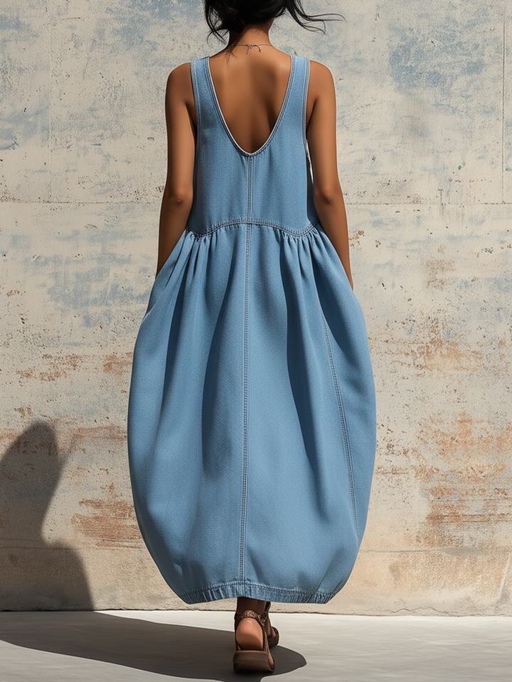 Morgan & Brooke | Light Blue Sleeveless Bubble-Hem Denim Maxi Dress