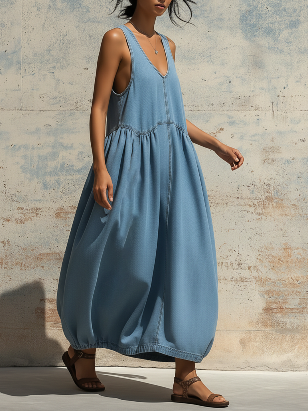 Morgan & Brooke | Light Blue Sleeveless Bubble-Hem Denim Maxi Dress