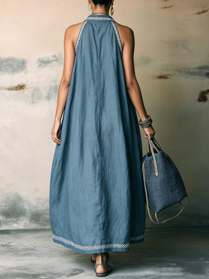 Morgan & Brooke | Blue Embroidered Halter Linen Dress