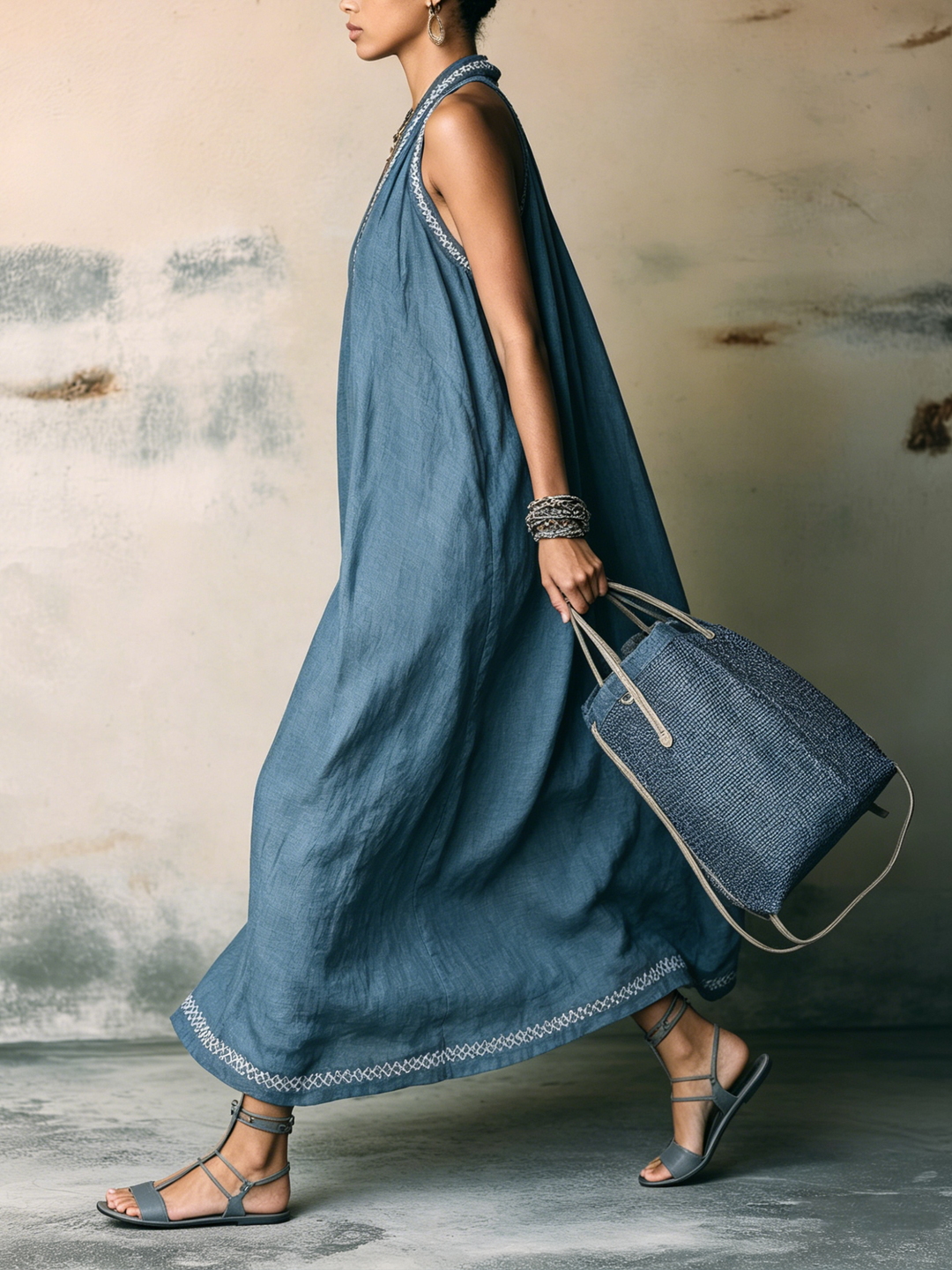 Morgan & Brooke | Blue Embroidered Halter Linen Dress