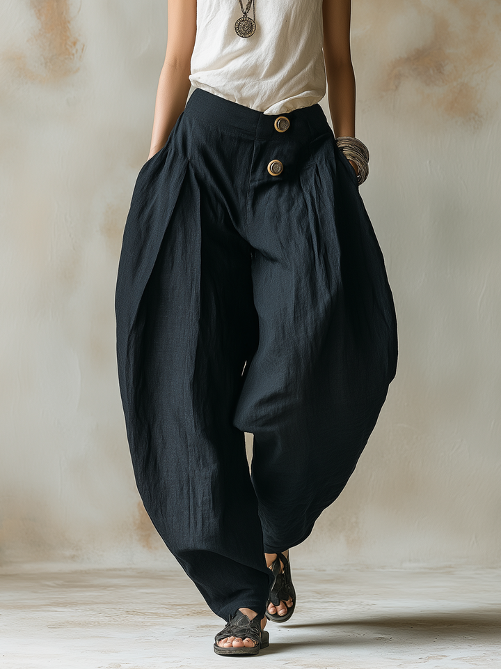 Morgan & Brooke | Black Harem-Cut Button-Detail Linen Pants