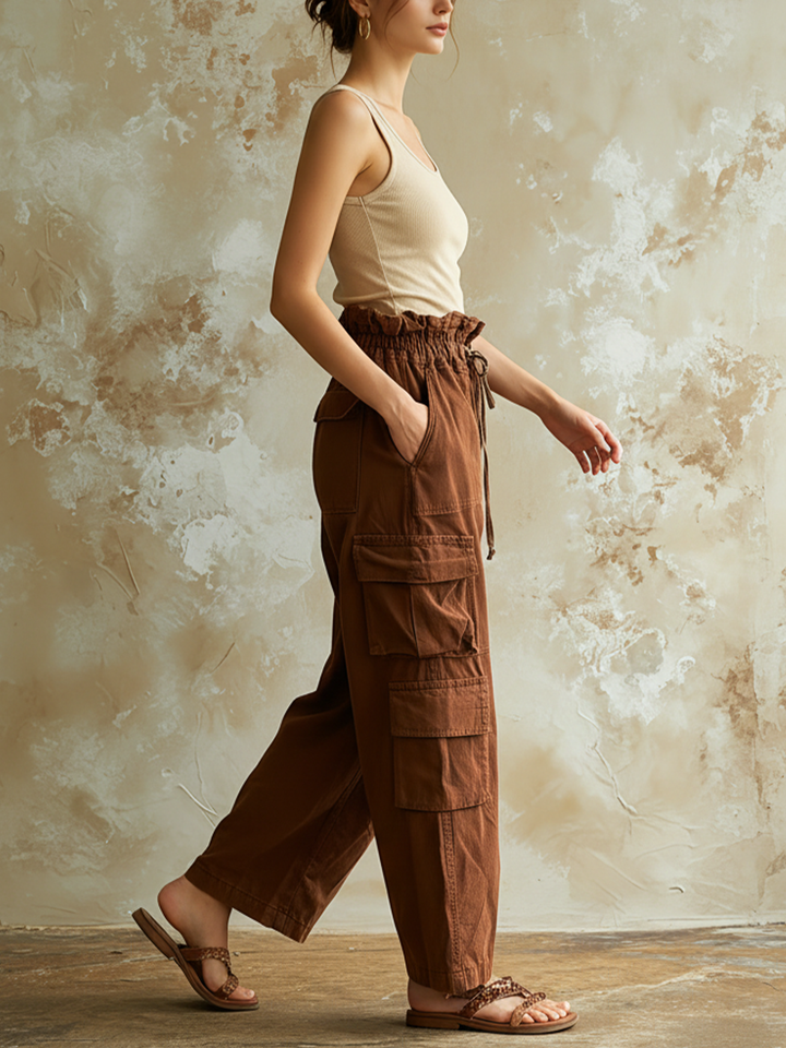 Morgan & Brooke | Brown High-Waist Wide-Leg Cotton Twill Pants