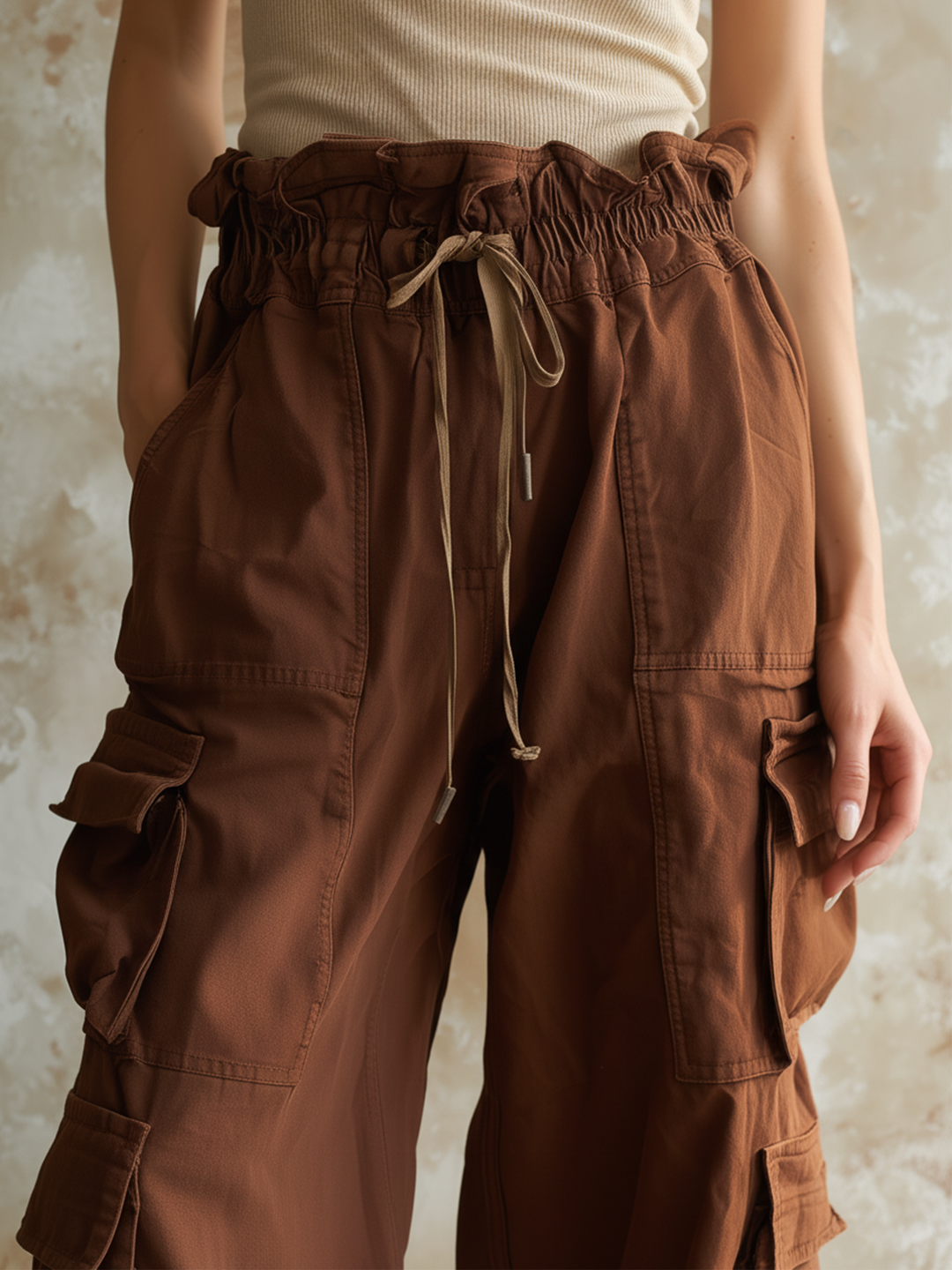 Morgan & Brooke | Brown High-Waist Wide-Leg Cotton Twill Pants