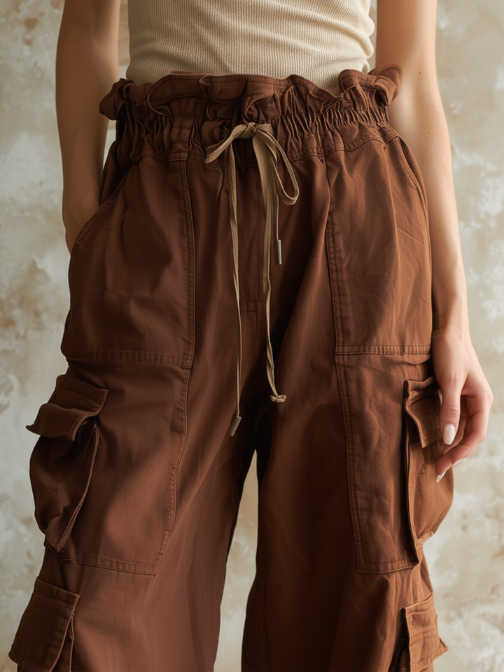 Morgan & Brooke | Brown High-Waist Wide-Leg Cotton Twill Pants