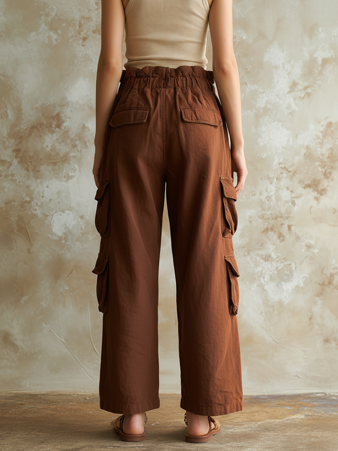 Morgan & Brooke | Brown High-Waist Wide-Leg Cotton Twill Pants