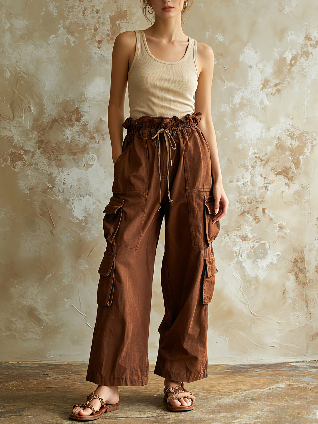 Morgan & Brooke | Brown High-Waist Wide-Leg Cotton Twill Pants
