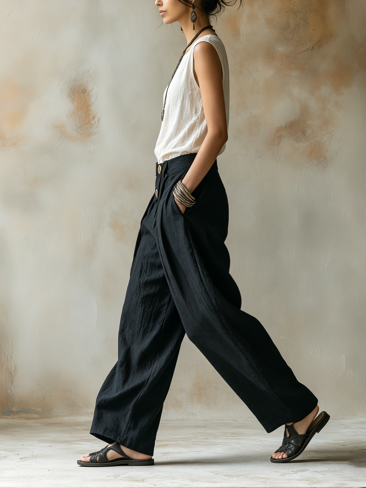 Morgan & Brooke | Black Harem-Cut Button-Detail Linen Pants