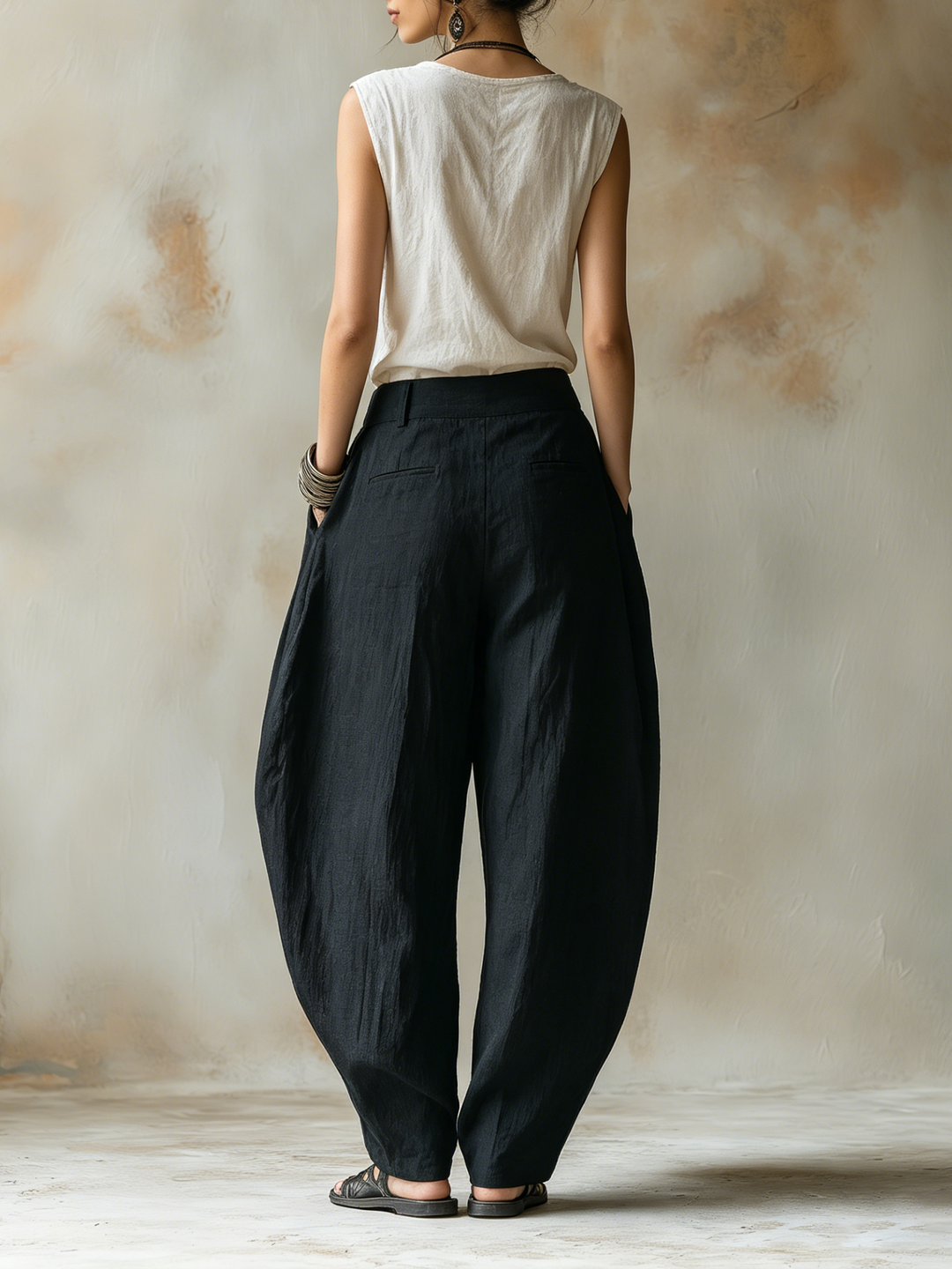 Morgan & Brooke | Black Harem-Cut Button-Detail Linen Pants