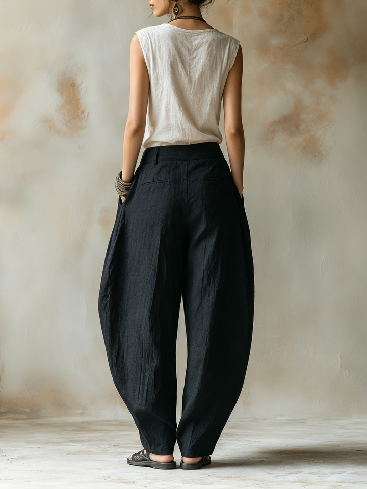 Morgan & Brooke | Black Harem-Cut Button-Detail Linen Pants