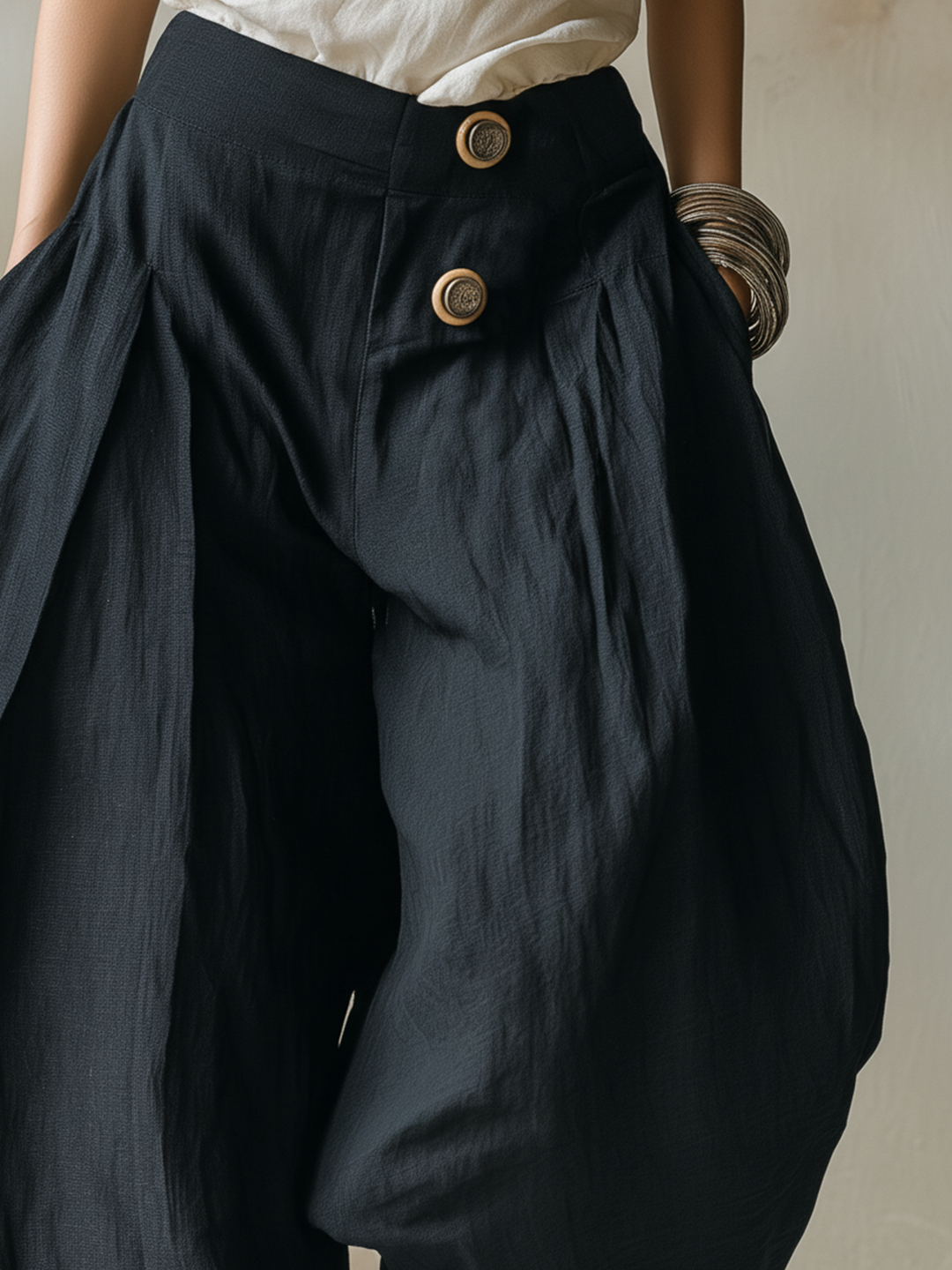 Morgan & Brooke | Black Harem-Cut Button-Detail Linen Pants