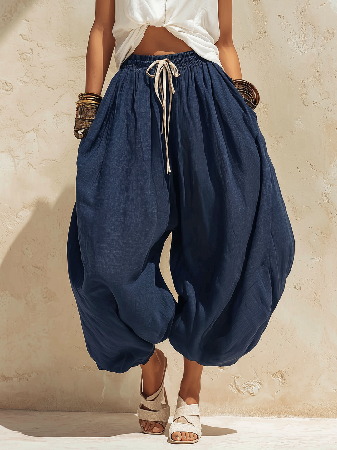 Morgan & Brooke | Navy Blue Drawstring Waist Harem Cut Linen Pants