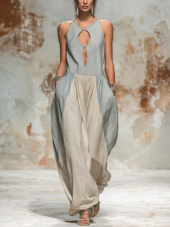 Morgan & Brooke | Two-Tone Halter Cutout Linen Dress