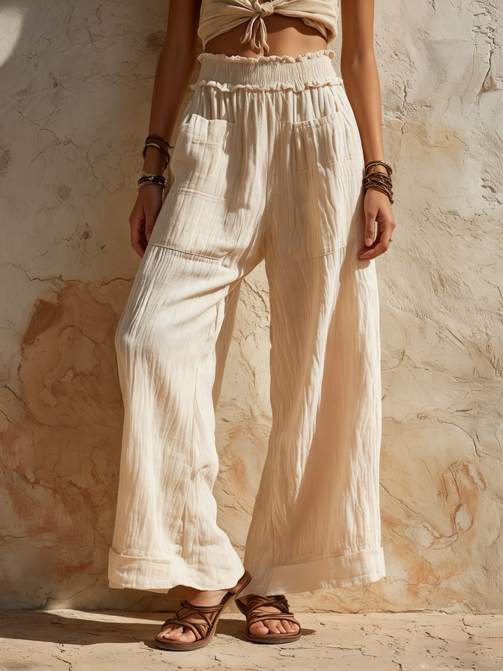 Morgan & Brooke | Beige High-Waist Wide-Leg Linen-Blend Pants